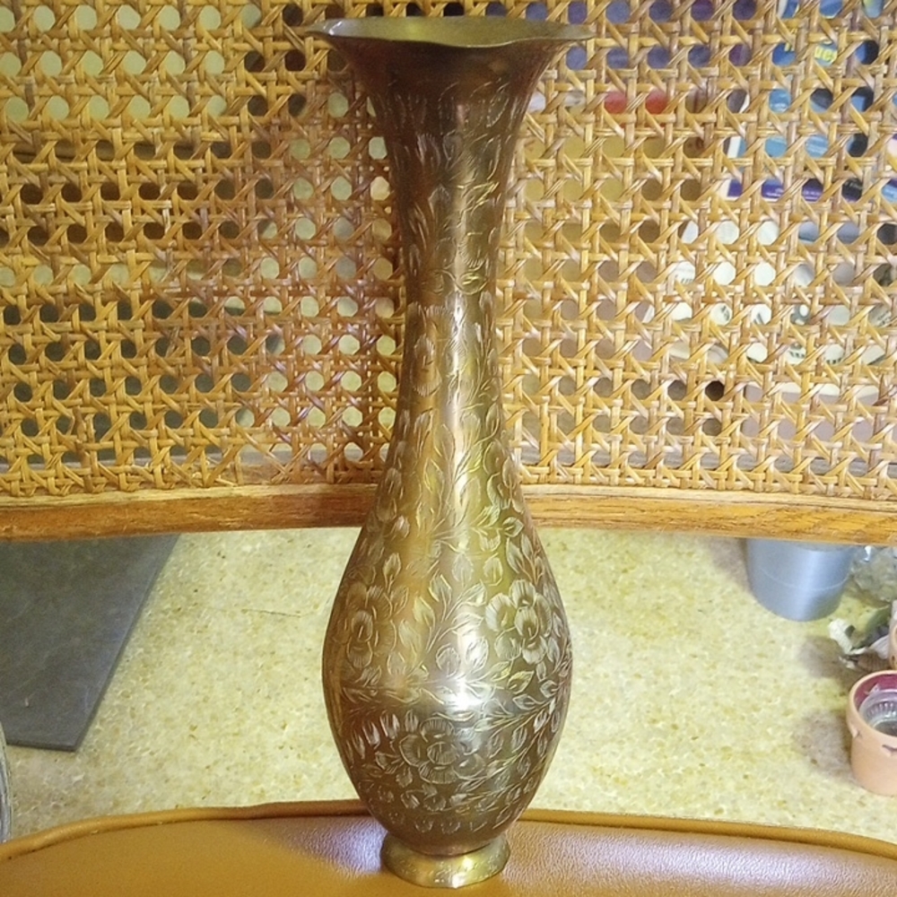 Vintage Brass Vase Etched w/ Floral Design, World Gift ZY India